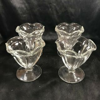 Set Of 4 Vintage Clear Glass Ice Cream Parlor Footed Dessert Glasses