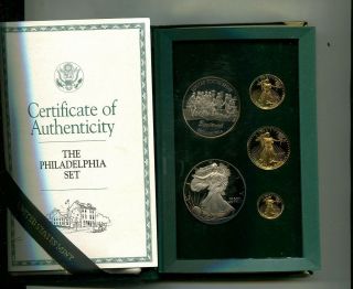 1993 Philadelphia Silver And Gold American Eagle 5 Coin Proof Set Box