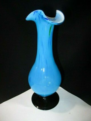 Sapphire Spatter Topaz Blue Opalescent Art Glass Vase Ebony Black Glass Foot