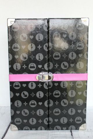 Vintage Black & Pink Wardrobe Closet Cardboard Carrying Case For Doll & Clothes