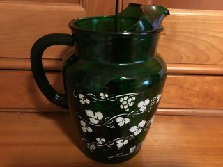 Vintage Anchor Hocking Forest Green Pitcher With Grape Leaf Grapevine Pattern