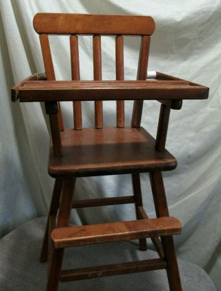- Vintage 19 " Wooden Doll Baby High Chair W/ Hinged Flip Tray -