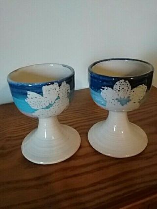 Vintage Set Of 2 Ceramic Blue And Cream With Flower Wine Goblets