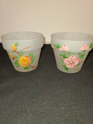 Vintage Viking Glass Hand Painted Flower Pots Frosted Glass Floral Decor Marked