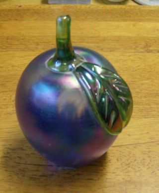 Large Joe St.  Clair Blue Iridescent Carnival Glass Bubble Apple Paperweight