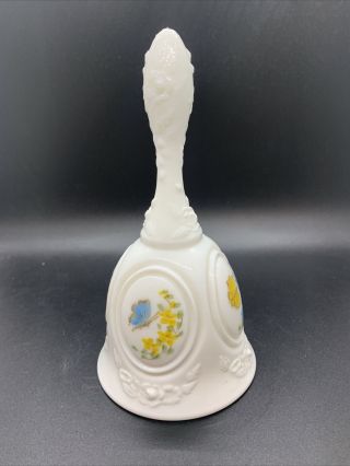 Vintage Fenton Butterflies 7 " Hand - Painted Milk Glass Bell Medallion Signed 70 