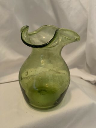 Vintage Small Hand Blown Fancy Green Art Glass Vase With Bubbles Ruffled