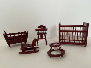Miniature Dollhouse Baby Nursery Furniture Mahogany 5 Piece Baby 