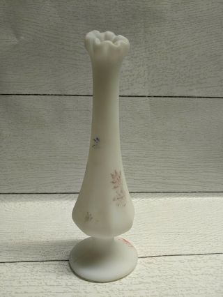 Fenton Vintage White Satin Frosted Bud Vase Hand Painted My D.  Hill Ruffle Rim