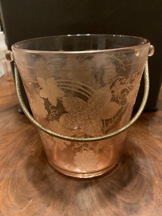 Vintage Pink Depression Glass Ice Bucket Etched Grapes And Metal Handle