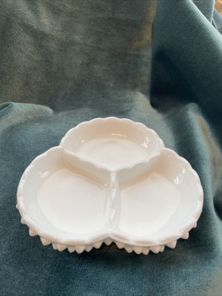 Fenton Hobnail White Milk Glass 3 Section Divided Relish Candy Nut Dish