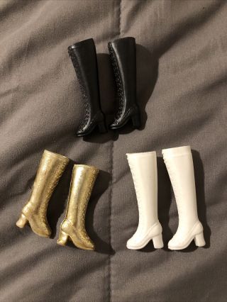 Vintage Barbie Clone Doll Set Of 3 Plastic Tall Boots Gold & White,  Black
