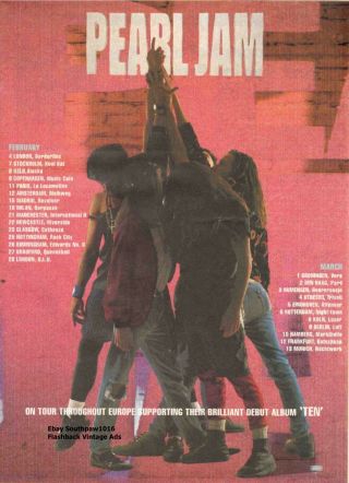 Classic Pearl Jam " Ten Album " European Tour 1992 Vintage Print Ad