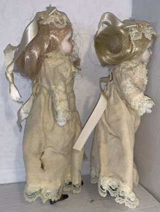 Unglazed Porcelain Dolls Twin Sisters Vintage Dress Cloth Body 2