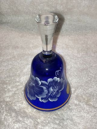 Vintage Bohemian Cobalt Blue Glass Gold Trim Bellcrystal Clanger.  Floral Design.