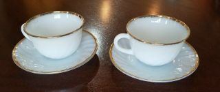 Set Of 2 - Vintage Fire King Anchor Hocking White Swirl Gold Trim Cup & Saucer