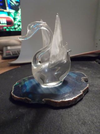 Blown Glass Swan On Blue Agate Stone