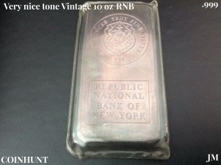 10 Oz Johnson Matthey Republic National Bank Silver Vintage Bar 0098.  999 Fine