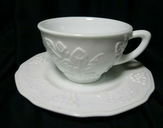 Vintage Indiana Colony White Milk Glass Harvest Grape Cup And Saucer