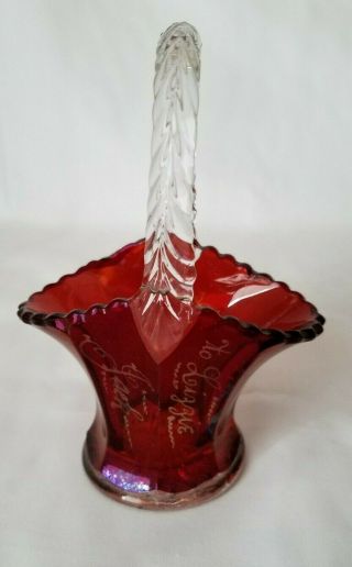 Antique Ruby Red Flash Glass Souvenir Basket Clear Handle Etched Lizzie Jack