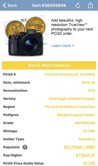 2014 W GOLD $10 PROOF AMERICAN EAGLE 1/4 OZ PCGS PR70 DCAM REAGAN DEEP CAMEO 2