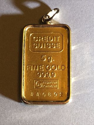 Credit Suisse 5 Gram 24k.  9999 Fine Gold Bar With 14k Bezel Sn440892