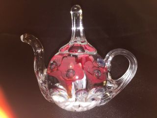 Joe St.  Clair Hand Blown Red Rose Ring Holder Teapot Controlled Bubbles