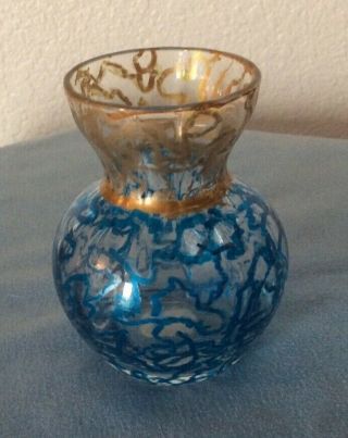 Tiny Hand Blown Art Glass Bud Vase With Gold And Blue Design Made In China