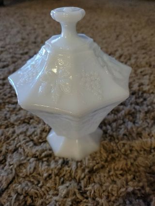 Vintage Milk Glass Grape Embossed Candy Dish Compote With Lid