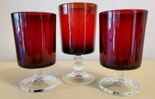 Vintage France Arcoroc Lumiarc Ruby Red With Clear Stems.  3 Cordial Glasses