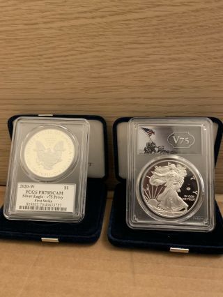 2020 End Of World War Ii 75th Anniversary Silver Eagle 2 - Coin Set Pcgs Pr70dcam