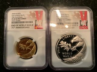End Of World War Ii Ww2,  75th Anniversary 24 - Karat Gold And Silver Medal Set Ngc