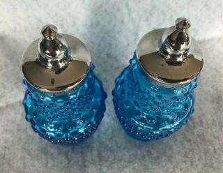 Blue Hobnail Glass Salt & Pepper Shaker Set / Chrome Lids Great Color and Glass 2