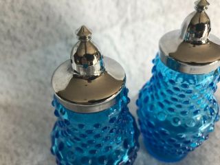 Blue Hobnail Glass Salt & Pepper Shaker Set / Chrome Lids Great Color and Glass 3