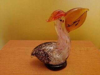 Vintage Murano Style Hand Blown Art Glass Pelican With Fish In Mouth 6 - 1/2 " Tall