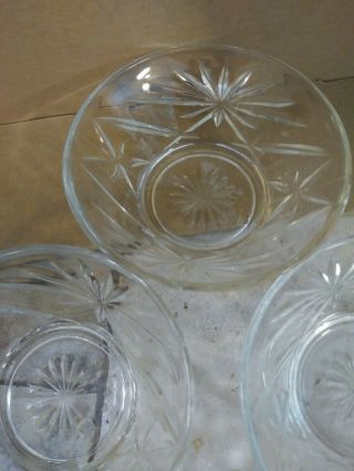 3 VINTAGE CLEAR PRESSED GLASS DESSERT / FRUIT CUPS BOWLS STAR BURST PATTERN 2