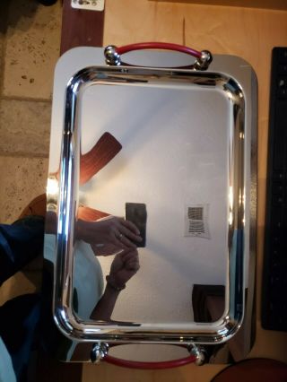 Marquis By Waterford Stainless Rectangle Tray W/ Red Leather Handle