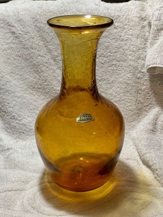 Vintage Blenko Amber Crackle Glass Flare Top Vase 7 1/2” Tall Handcrafted Blown