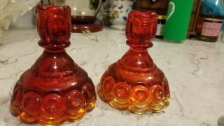 L.  E.  Smith Red Amberina Moon And Stars 6.  25  Glass Candlesticks