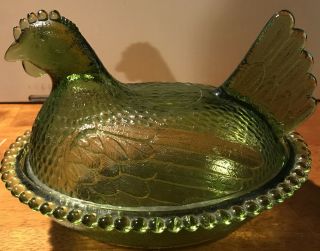 Vintage Green Glass Hen On Nest Covered Dish Beaded Edge