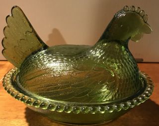 Vintage Green Glass Hen on Nest Covered Dish Beaded Edge 2
