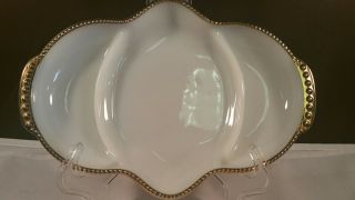 Vintage Fire King White Milk Glass Relish / Divided Dish With Gold Trim