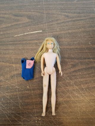 Vintage 1963 Mattel Skipper Blonde Straight Leg Doll Blue One Piece Swimsuit