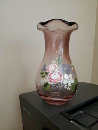Vintage Art Glass,  Hand Painted,  Amethyst Vase