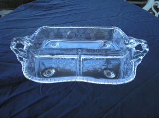 Cambridge Rose Point Etched Glass 4 Footed 3 Section Divided Candy Dish Handles