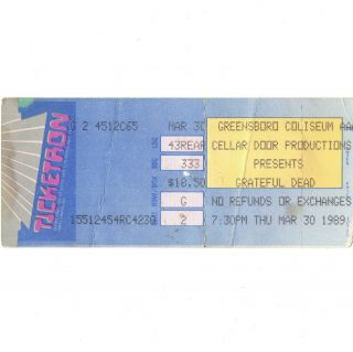 Grateful Dead Concert Ticket Stub Greensboro Nc 3/30/89 Coliseum Jerry Garcia