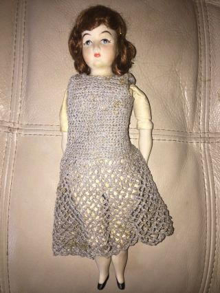 Old 11 " Bisque Doll Kid Leather Body Crocheted Dress