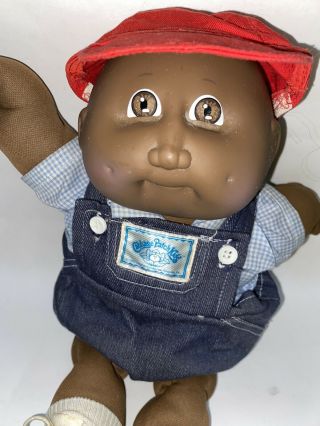 Vtg 1983 Cabbage Patch Kid Boy Bald Doll Jean Short Overalls Dimples Black Aa