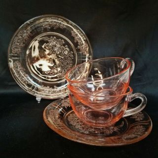 Set Of 2 Pink Glass Teacups With Matching 6 " Pink Depression Glass Saucers