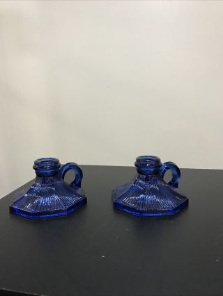 Set Of 2 Vtg Cobalt Blue Glass Octagonal Ribbed Candle Holders W/handles